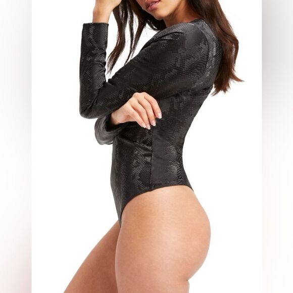 Good American Black Snakeskin Print Faux Leather Long Sleeve Bodysuit - Picture 2 of 9